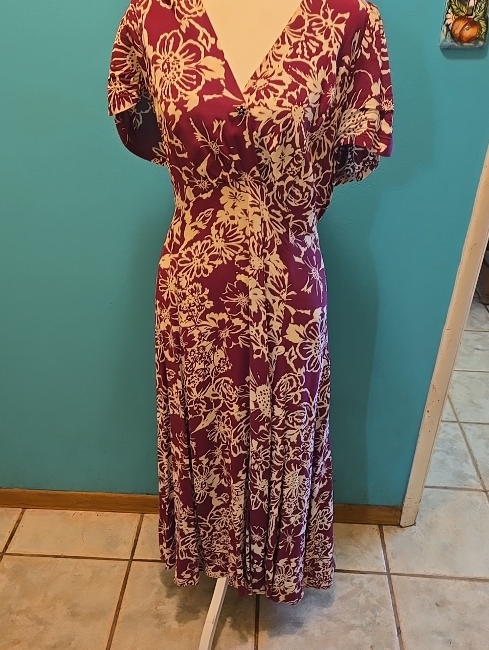 Floral V-Neck Maxi Dress in Burgundy and Cream